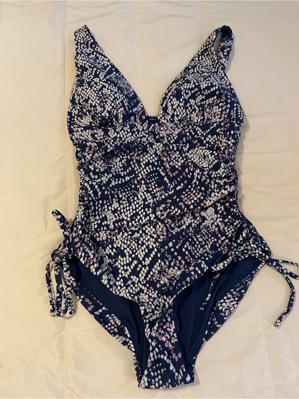 DKNY Navy One-Piece Swimsuit with White and Light Pink Dot Print